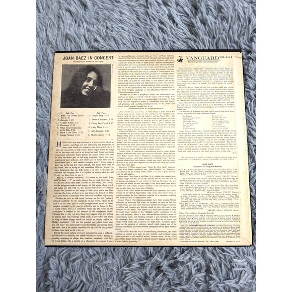 Joan Baez - In Concert 1962 Vinyl Record‎ LP Vanguard VRS-9112 Folk VG Very Good - Picture 3 of 12